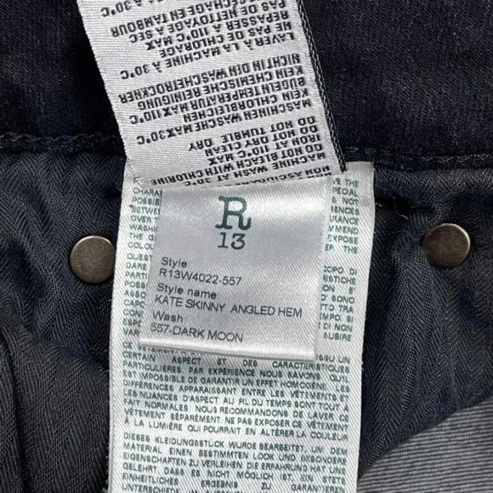 R13 Italy Kate Skinny Raw Hem Jeans Dark Moon Women 26 Stretch Cotton Distressed